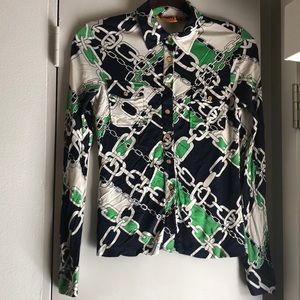 Tory Burch Green and Navy Gold Chain blouse XS